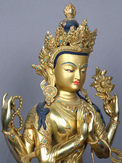 18" Tibetan Buddhist Deity Four Armed Avalokiteshvara | Copper Statue Gilded with Gold