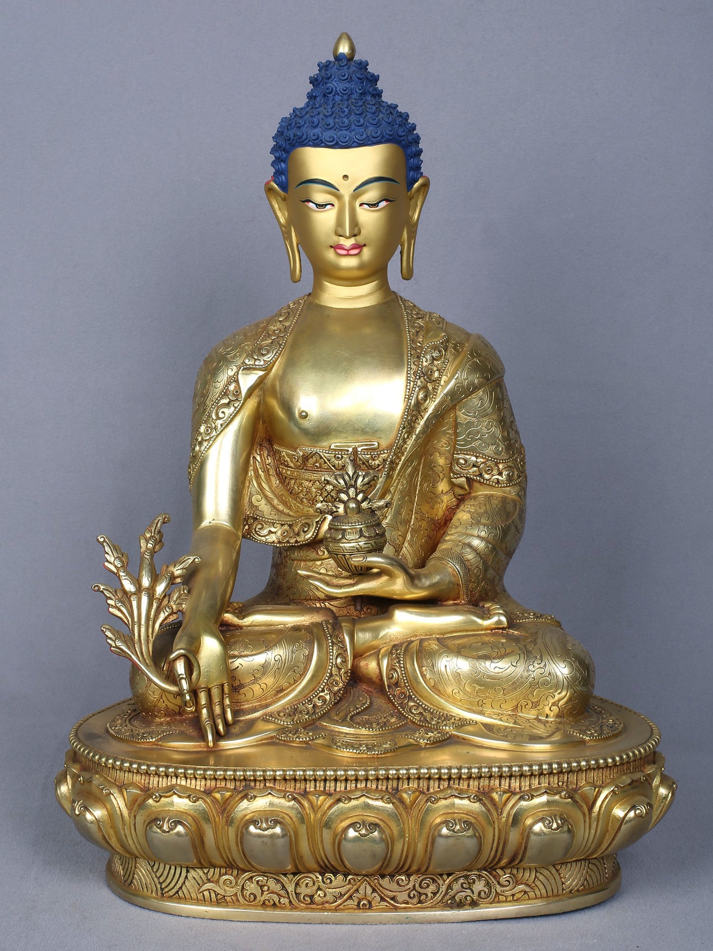 14" Medicine Buddha Copper Statue Gilded With Gold From Nepal | Handmade Idol | Buddha Statue