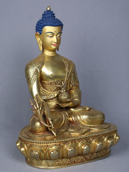 14" Medicine Buddha Copper Statue Gilded With Gold From Nepal | Handmade Idol | Buddha Statue