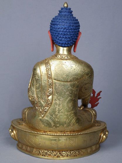 14" Medicine Buddha Copper Statue Gilded With Gold From Nepal | Handmade Idol | Buddha Statue