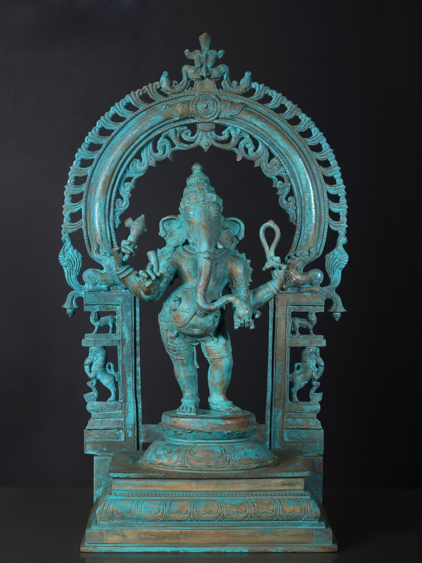 24" Chaturbhuja Lord Ganesha with Kirtimukha Arch | Bronze Statue In Antique Look