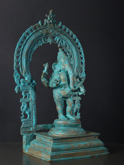 24" Chaturbhuja Lord Ganesha with Kirtimukha Arch | Bronze Statue In Antique Look