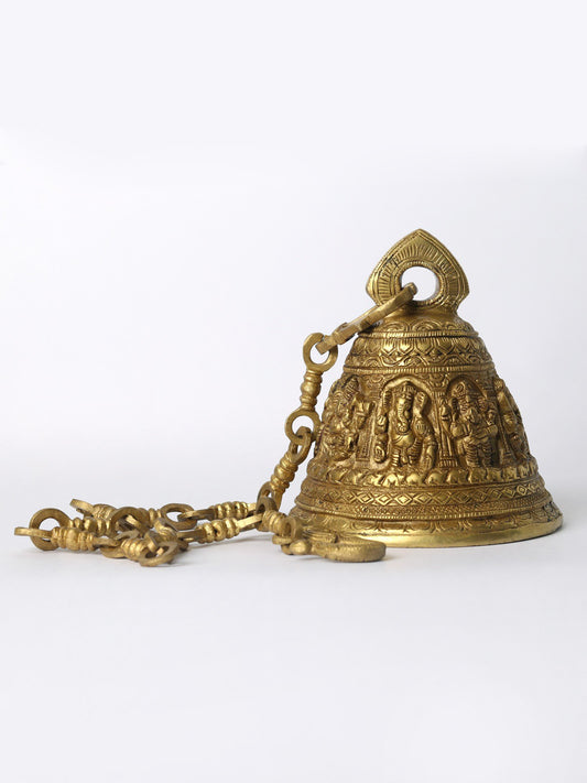 6" Brass Bell Of Lord Ganesha For Temple With Chain | Brass Bell