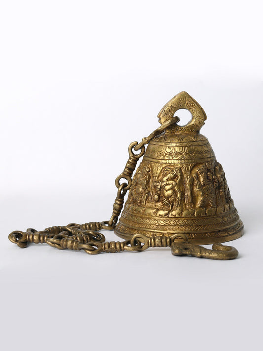 6" Brass Floral Bell With Ganapati Design For Temple | Handmade Brass Bell For Gifting