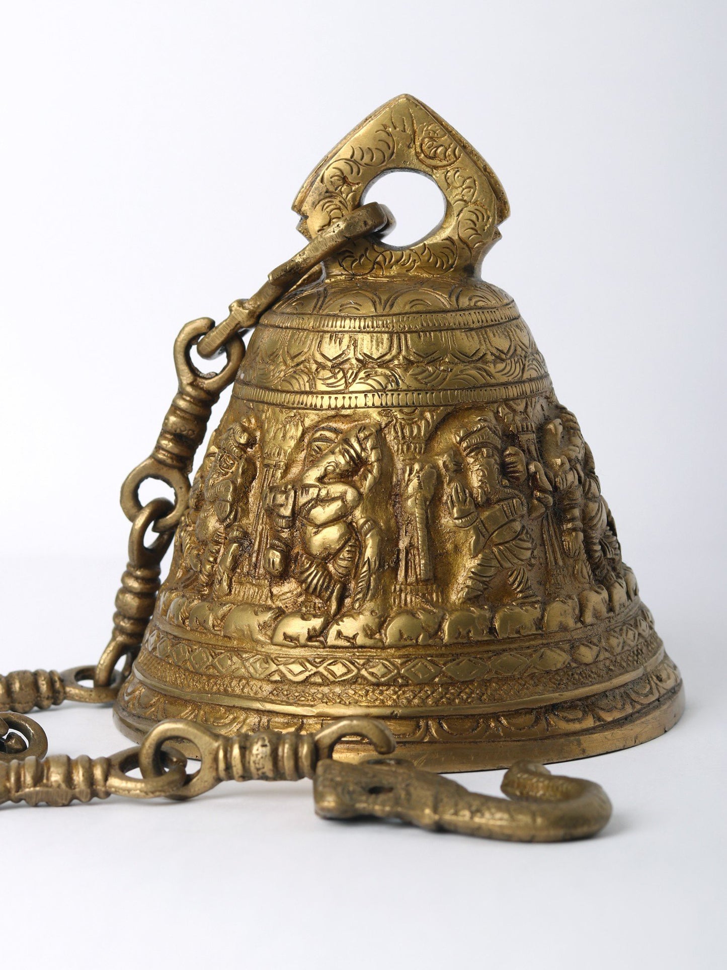 6" Brass Floral Bell With Ganapati Design For Temple | Handmade Brass Bell For Gifting