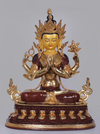 19" Buddhist Deity Chenrezig Idol From Nepal | Handmade Idol | Copper Statue