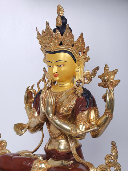 19" Buddhist Deity Chenrezig Idol From Nepal | Handmade Idol | Copper Statue