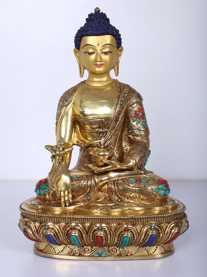 13" Medicine Buddha Idol | Handmade Idol | Buddha Statue | Copper Gilded With Stone Work