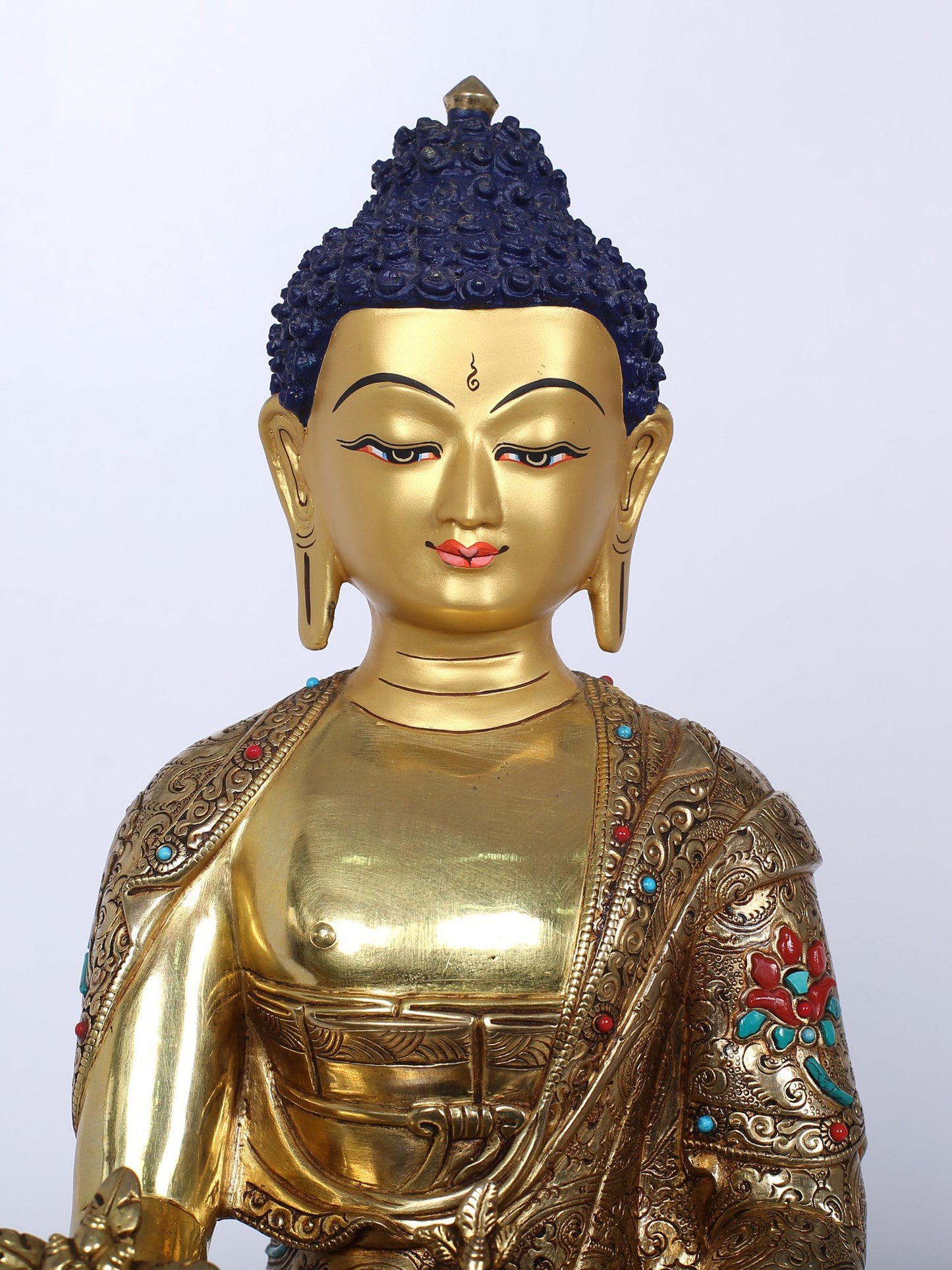 13" Medicine Buddha Idol | Handmade Idol | Buddha Statue | Copper Gilded With Stone Work