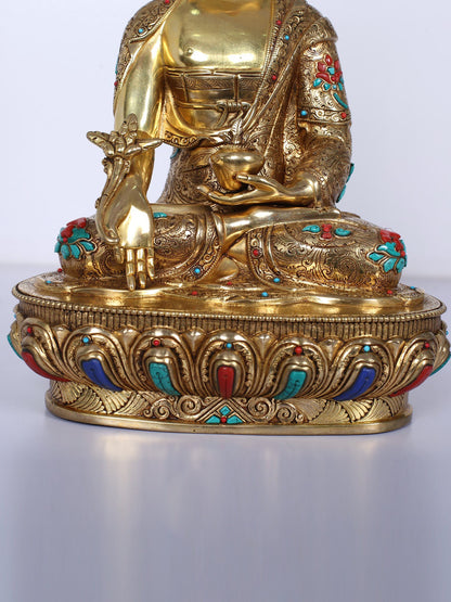 13" Medicine Buddha Idol | Handmade Idol | Buddha Statue | Copper Gilded With Stone Work