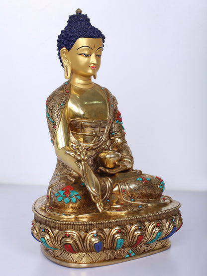 13" Medicine Buddha Idol | Handmade Idol | Buddha Statue | Copper Gilded With Stone Work