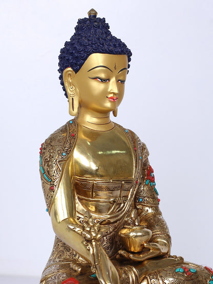 13" Medicine Buddha Idol | Handmade Idol | Buddha Statue | Copper Gilded With Stone Work