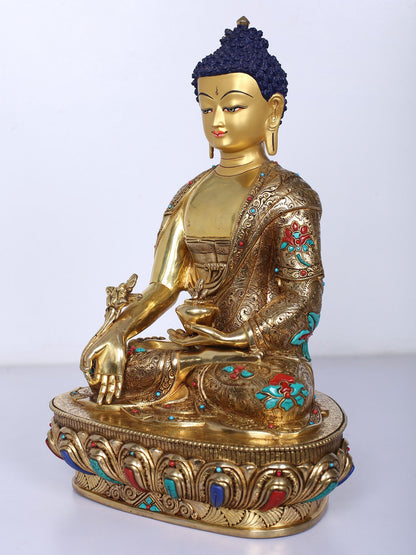 13" Medicine Buddha Idol | Handmade Idol | Buddha Statue | Copper Gilded With Stone Work