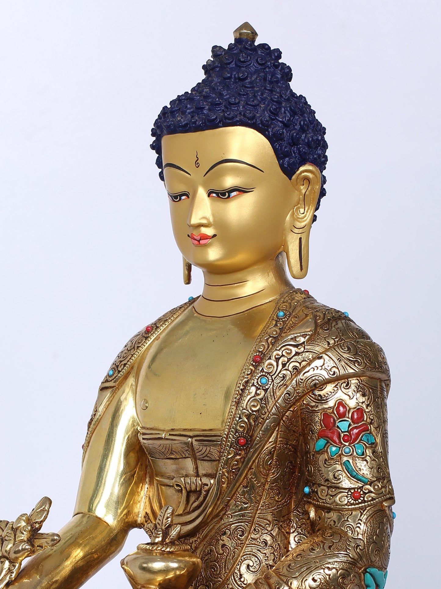 13" Medicine Buddha Idol | Handmade Idol | Buddha Statue | Copper Gilded With Stone Work