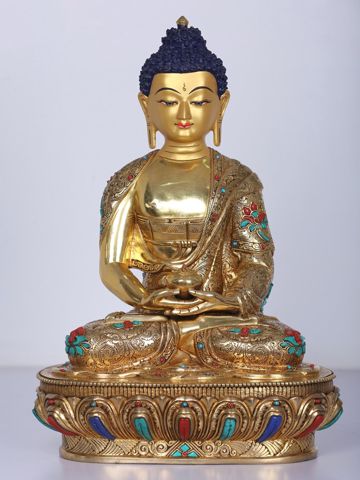 13" Amitabha Buddha Copper Gilded Gold With Stone Work | Handmade Buddha Idol