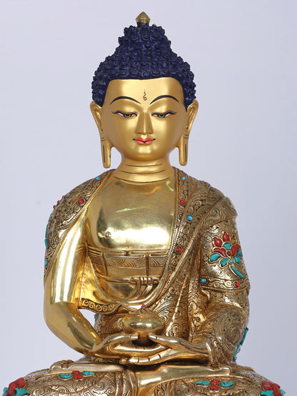 13" Amitabha Buddha Copper Gilded Gold With Stone Work | Handmade Buddha Idol