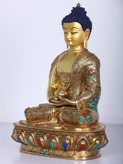 13" Amitabha Buddha Copper Gilded Gold With Stone Work | Handmade Buddha Idol