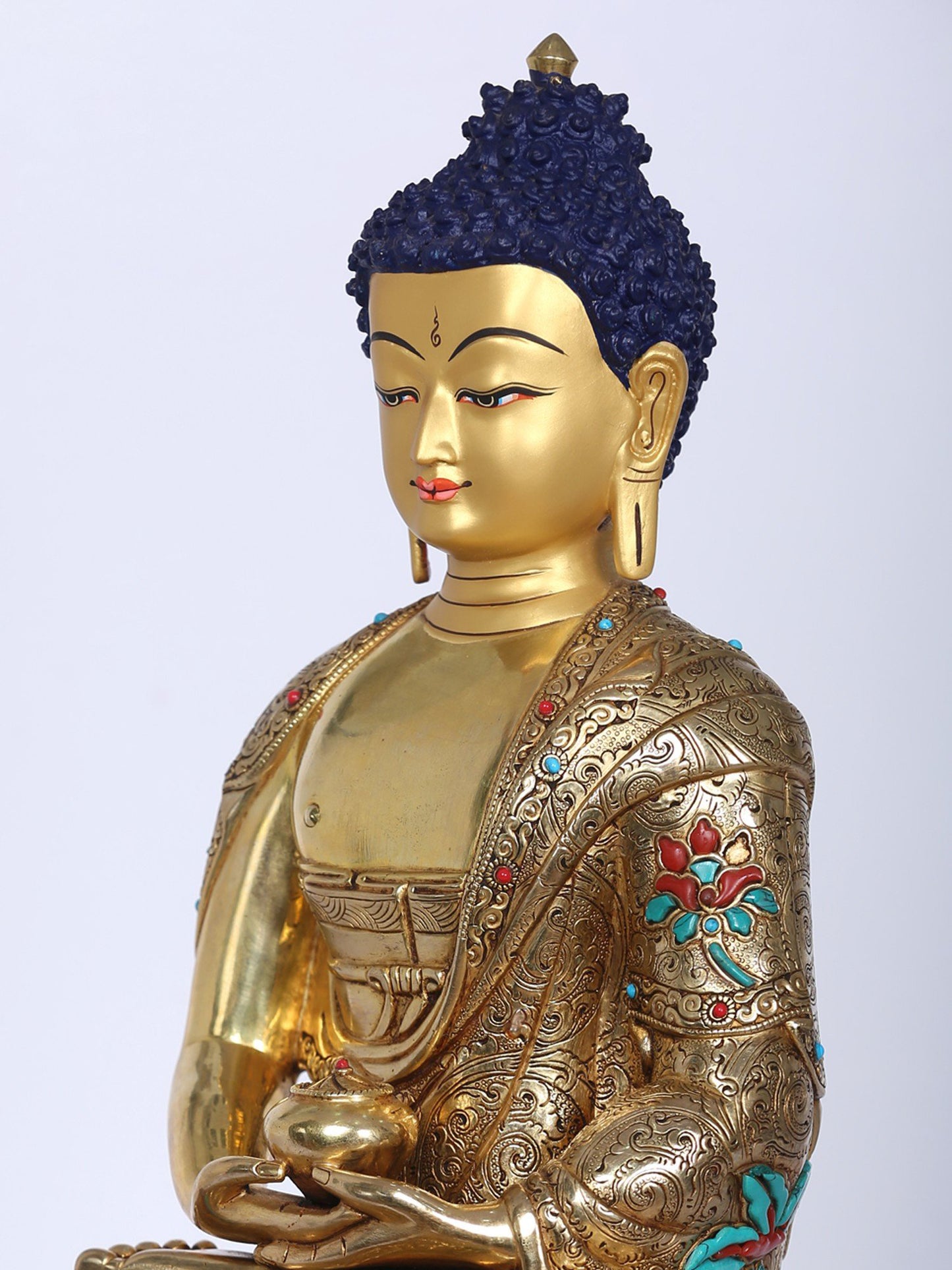 13" Amitabha Buddha Copper Gilded Gold With Stone Work | Handmade Buddha Idol