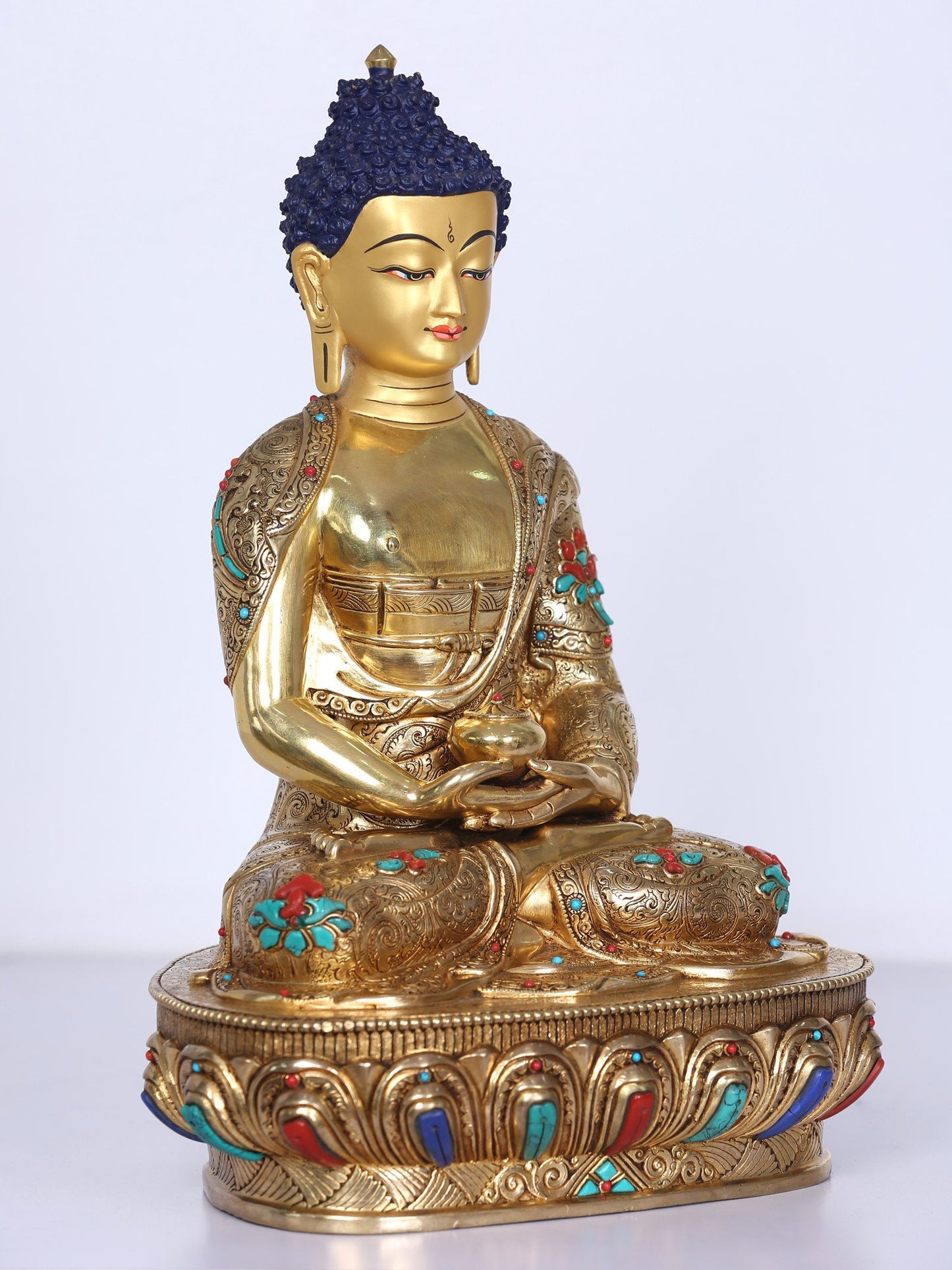 13" Amitabha Buddha Copper Gilded Gold With Stone Work | Handmade Buddha Idol