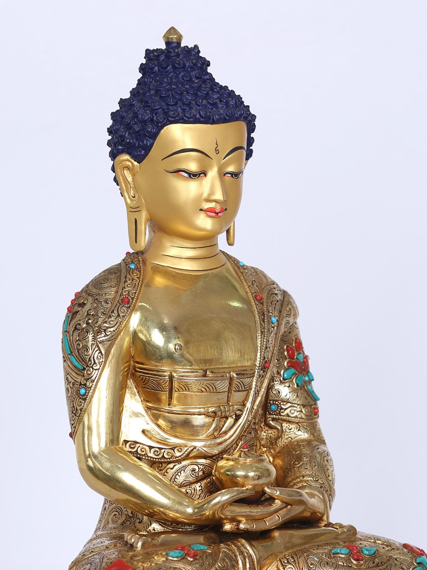 13" Amitabha Buddha Copper Gilded Gold With Stone Work | Handmade Buddha Idol