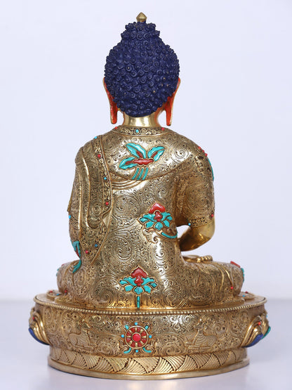 13" Amitabha Buddha Copper Gilded Gold With Stone Work | Handmade Buddha Idol