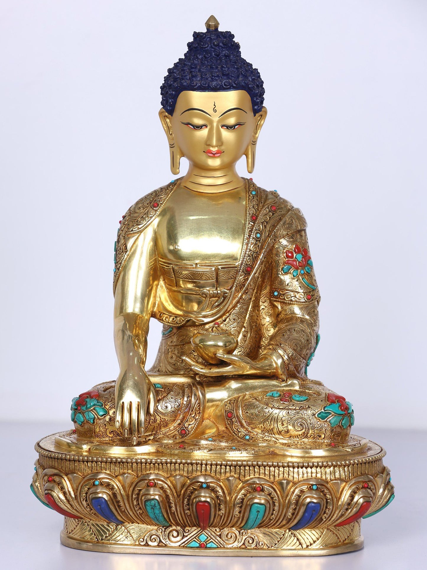 13" Shakyamuni Buddha Idol From Nepal | Handmade Buddha Idol | Copper Gilded Gold With Stone Work