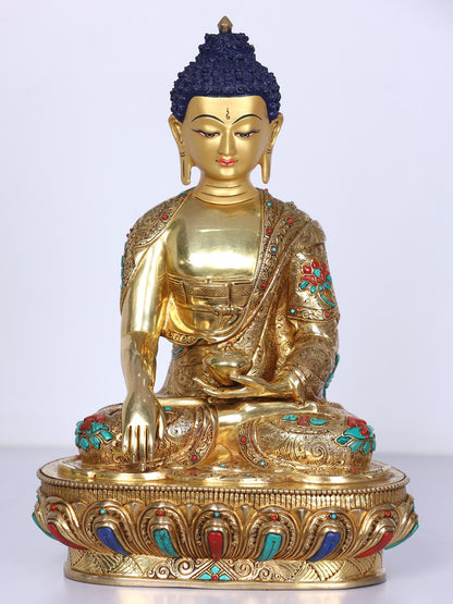 13" Shakyamuni Buddha Idol From Nepal | Handmade Buddha Idol | Copper Gilded Gold With Stone Work