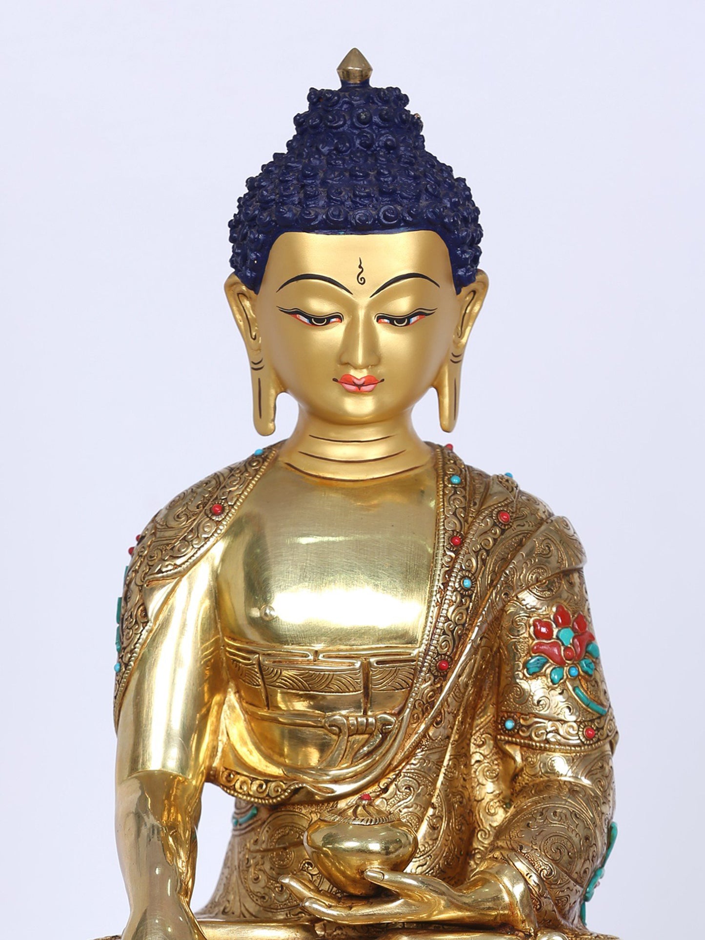 13" Shakyamuni Buddha Idol From Nepal | Handmade Buddha Idol | Copper Gilded Gold With Stone Work