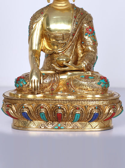 13" Shakyamuni Buddha Idol From Nepal | Handmade Buddha Idol | Copper Gilded Gold With Stone Work