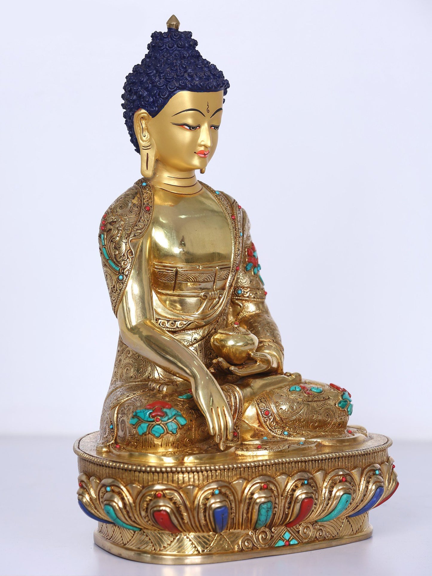 13" Shakyamuni Buddha Idol From Nepal | Handmade Buddha Idol | Copper Gilded Gold With Stone Work