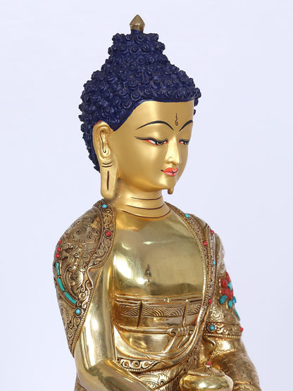 13" Shakyamuni Buddha Idol From Nepal | Handmade Buddha Idol | Copper Gilded Gold With Stone Work