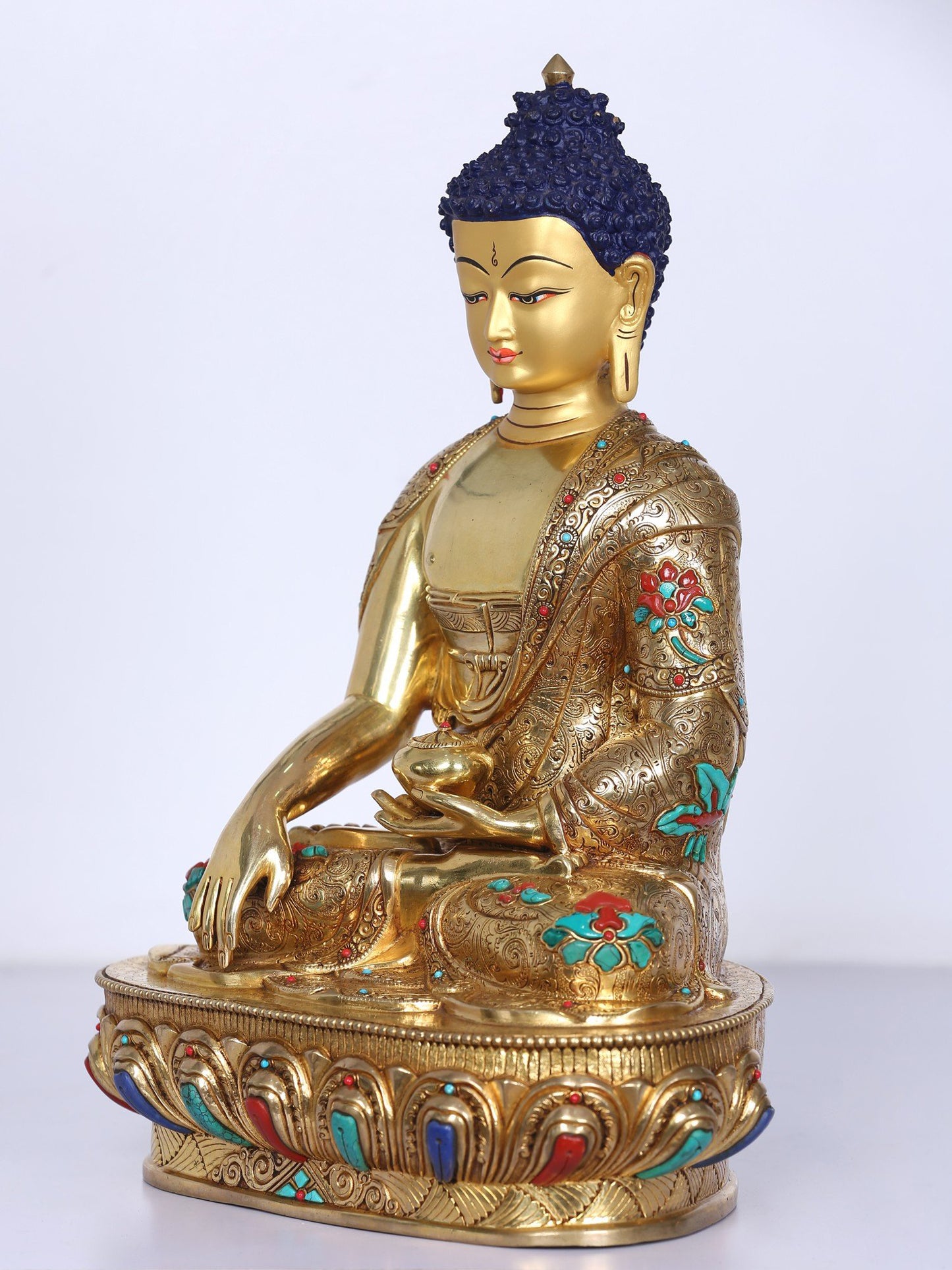 13" Shakyamuni Buddha Idol From Nepal | Handmade Buddha Idol | Copper Gilded Gold With Stone Work