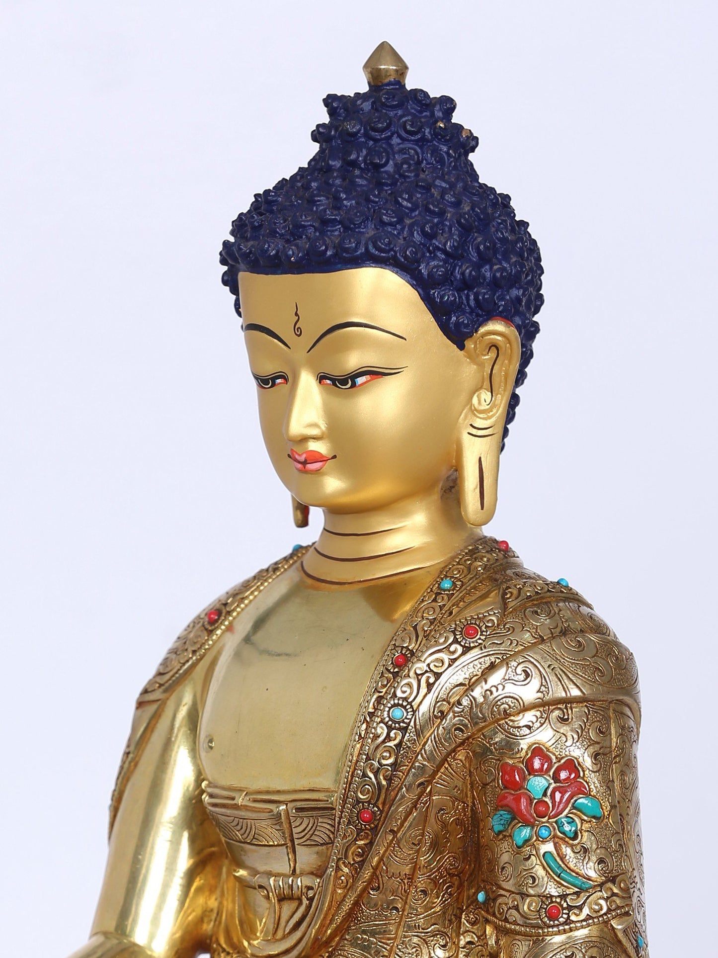 13" Shakyamuni Buddha Idol From Nepal | Handmade Buddha Idol | Copper Gilded Gold With Stone Work