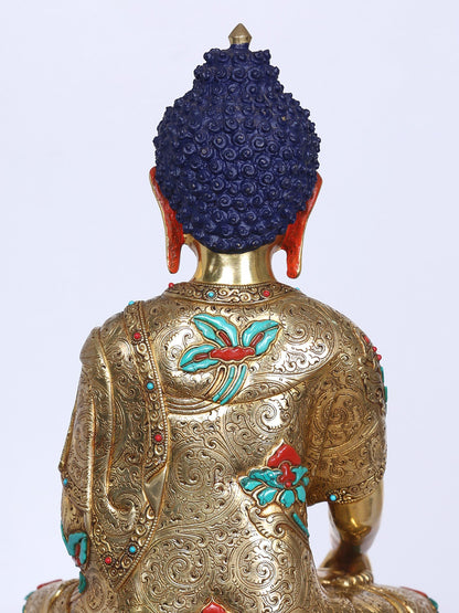 13" Shakyamuni Buddha Idol From Nepal | Handmade Buddha Idol | Copper Gilded Gold With Stone Work