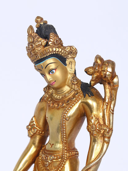 7" Tibetan Buddhist Deity Padmapani (Avalokiteshvara) | Handmade Idol | Copper Statue With Gold Gilded