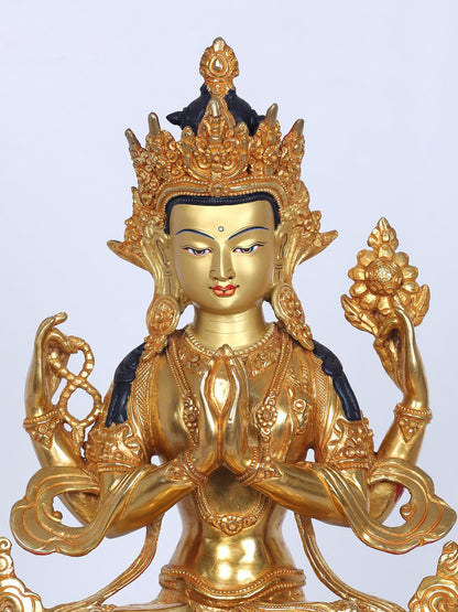 13" Chenrezig (Avalokiteshvara) Idol from Nepal | Handmade Idol | Nepalese Copper Statue