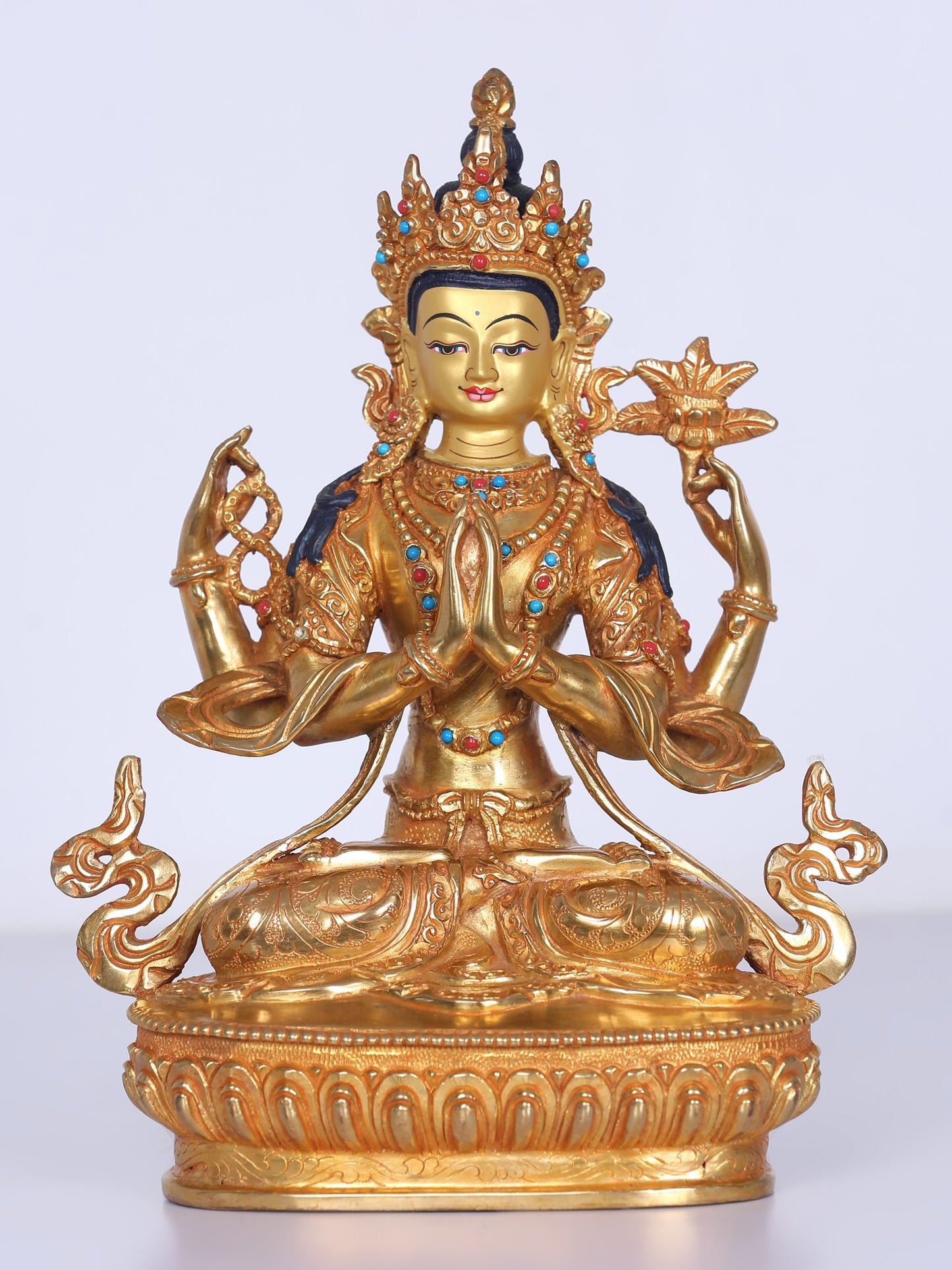 9" Chenrezig Nepalese Copper Idol | Handmade Idol | Copper And Gold Gilded With Stone Work | Buddhist Deity Statue