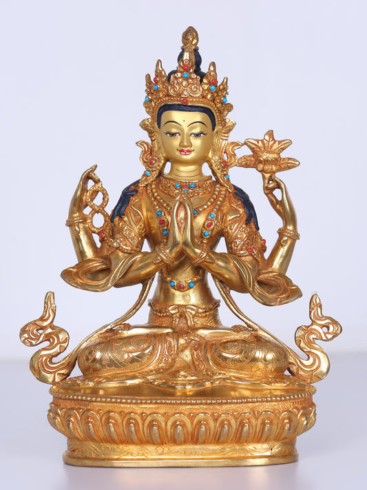 9" Chenrezig Nepalese Copper Idol | Handmade Idol | Copper And Gold Gilded With Stone Work | Buddhist Deity Statue