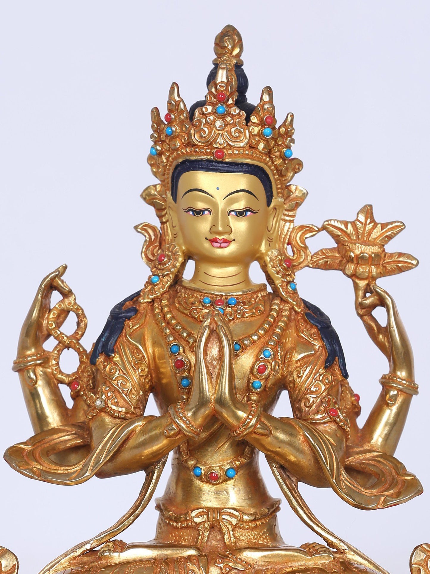 9" Chenrezig Nepalese Copper Idol | Handmade Idol | Copper And Gold Gilded With Stone Work | Buddhist Deity Statue