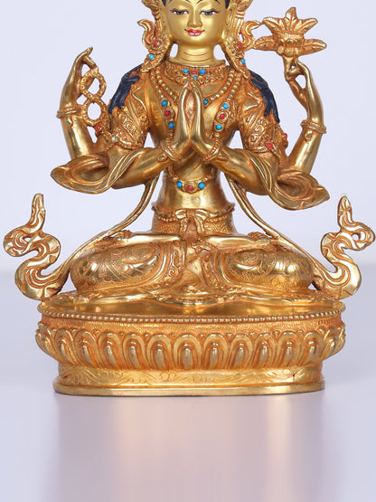 9" Chenrezig Nepalese Copper Idol | Handmade Idol | Copper And Gold Gilded With Stone Work | Buddhist Deity Statue