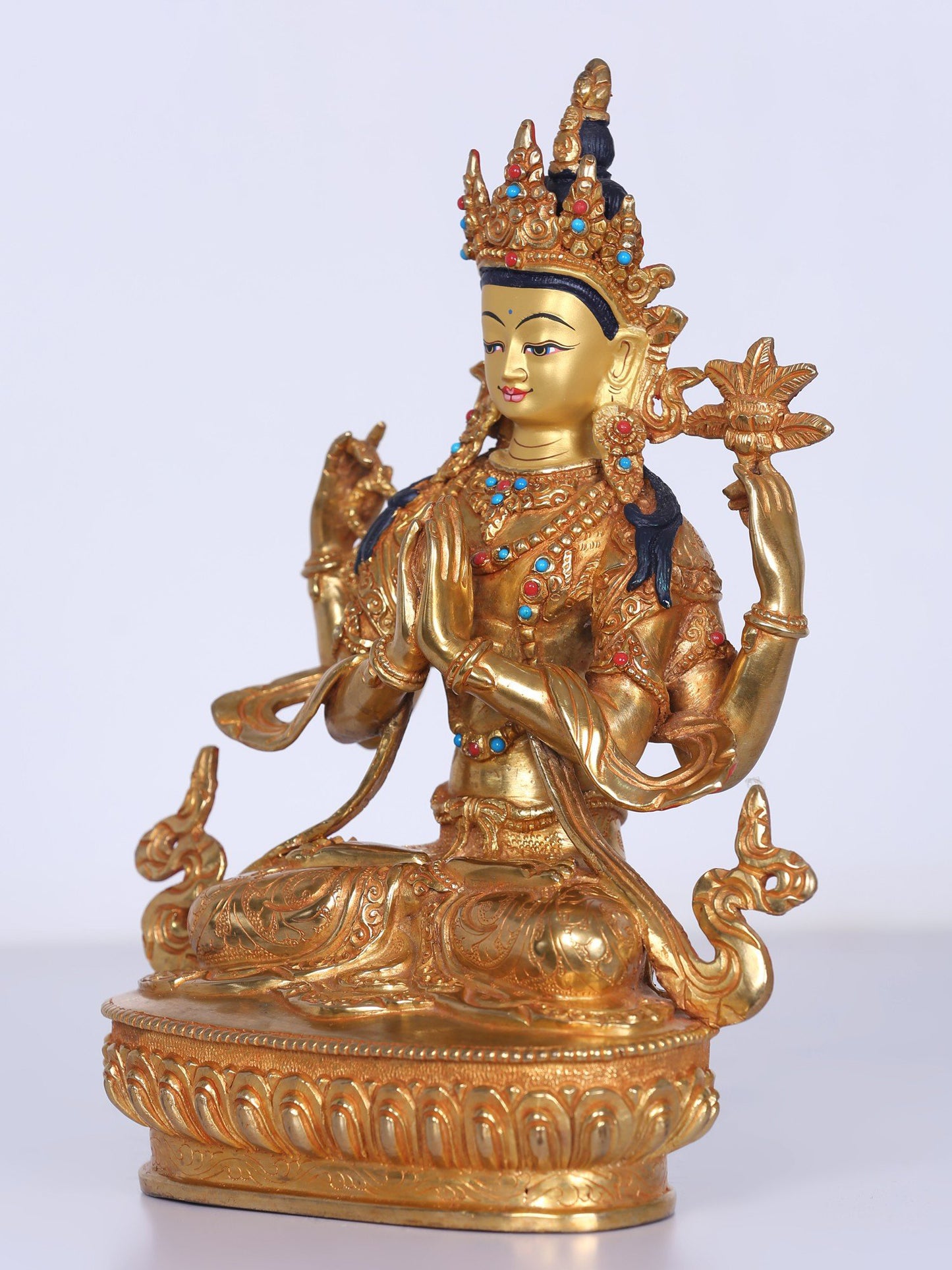 9" Chenrezig Nepalese Copper Idol | Handmade Idol | Copper And Gold Gilded With Stone Work | Buddhist Deity Statue