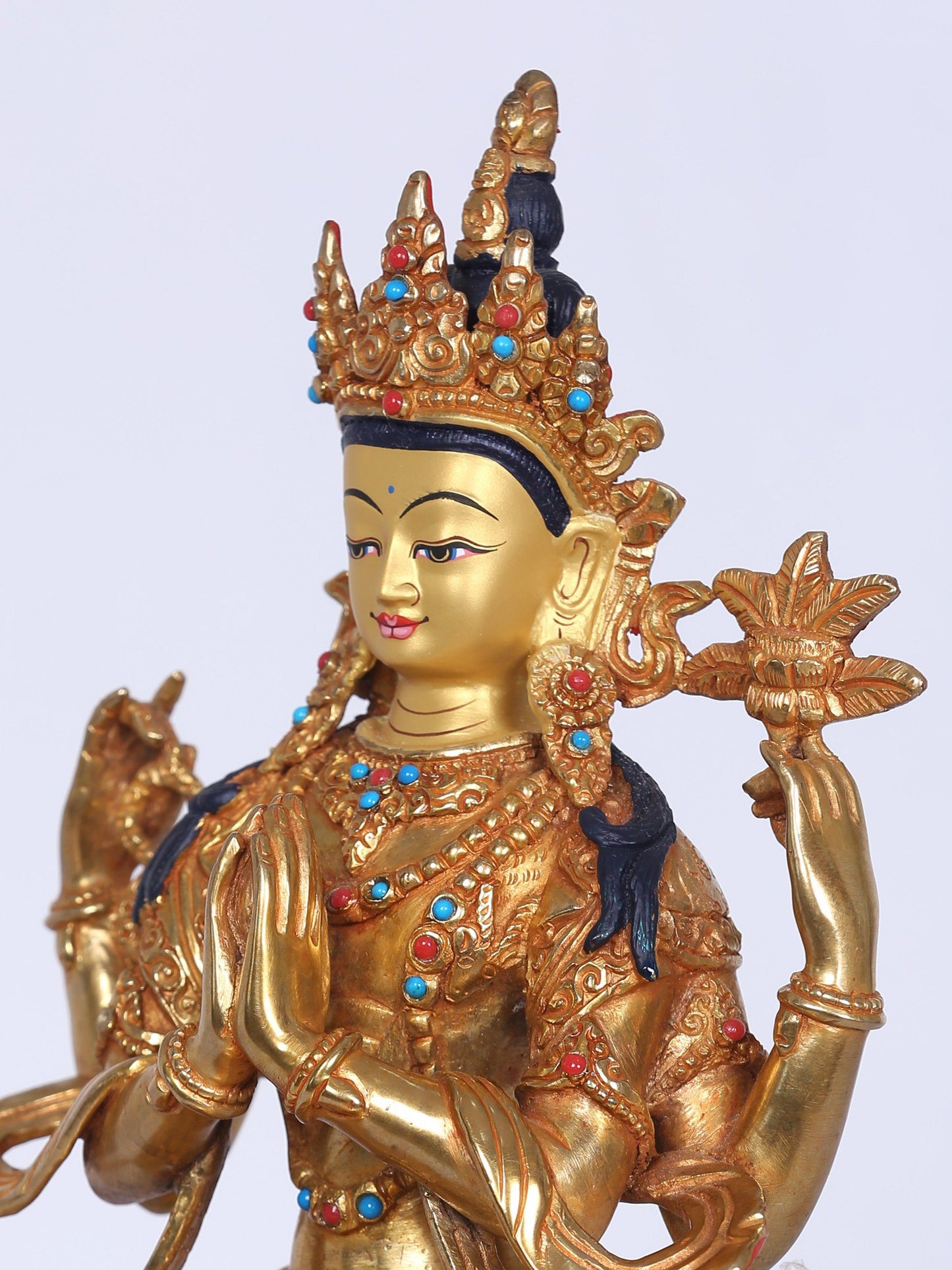 9" Chenrezig Nepalese Copper Idol | Handmade Idol | Copper And Gold Gilded With Stone Work | Buddhist Deity Statue