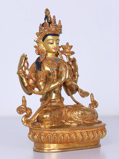 9" Chenrezig Nepalese Copper Idol | Handmade Idol | Copper And Gold Gilded With Stone Work | Buddhist Deity Statue