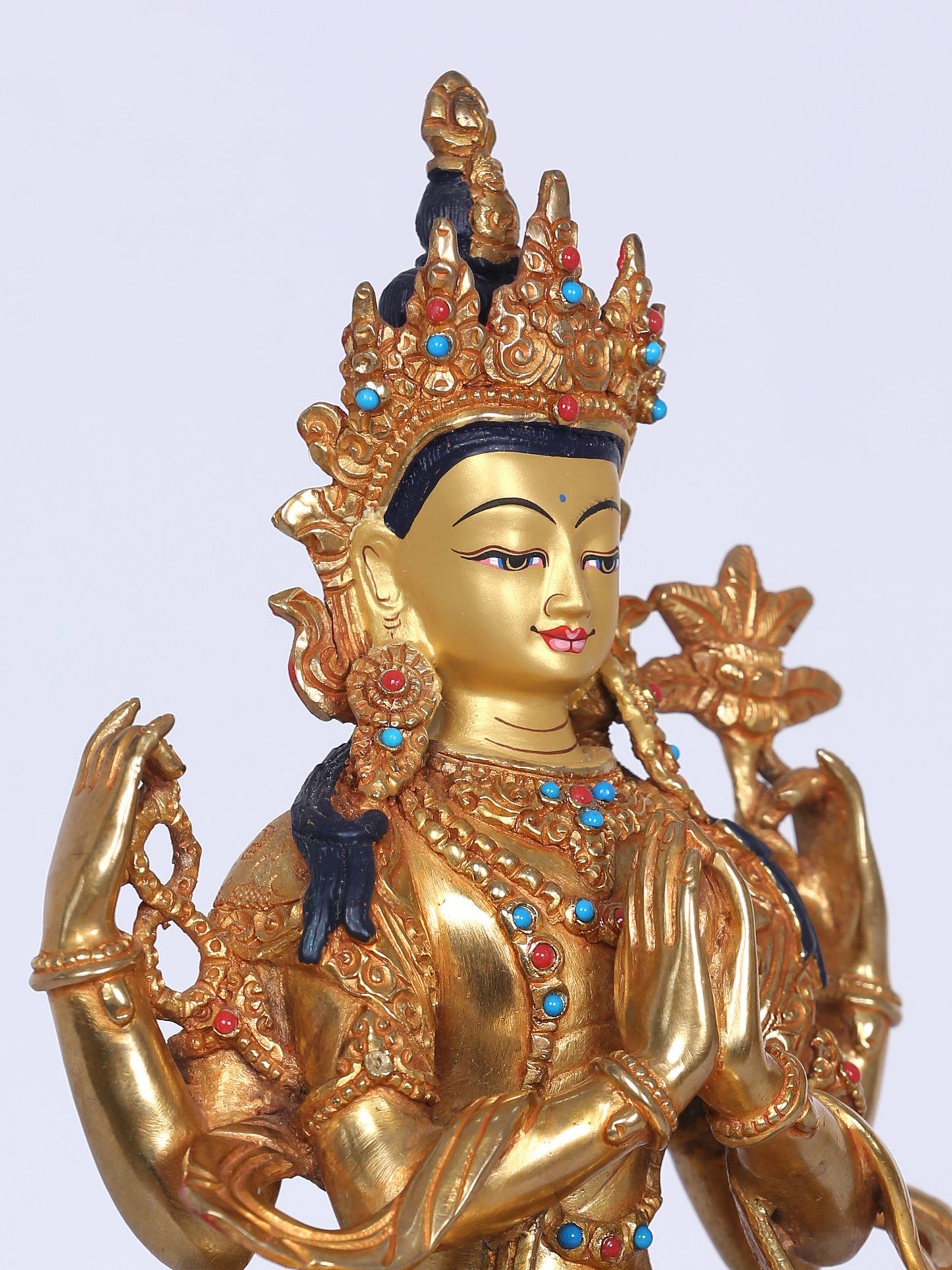 9" Chenrezig Nepalese Copper Idol | Handmade Idol | Copper And Gold Gilded With Stone Work | Buddhist Deity Statue