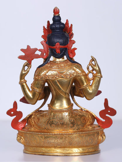 9" Chenrezig Nepalese Copper Idol | Handmade Idol | Copper And Gold Gilded With Stone Work | Buddhist Deity Statue