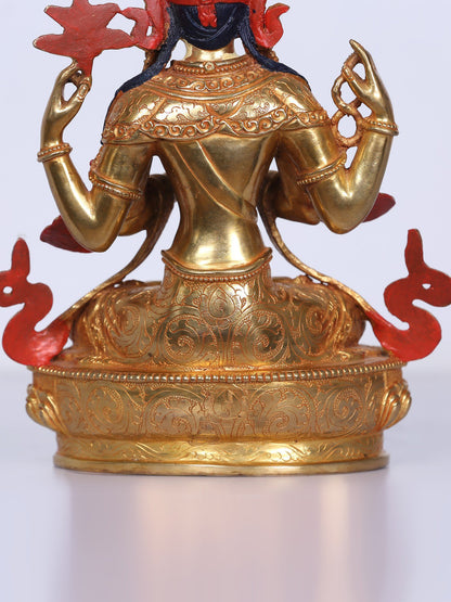 9" Chenrezig Nepalese Copper Idol | Handmade Idol | Copper And Gold Gilded With Stone Work | Buddhist Deity Statue