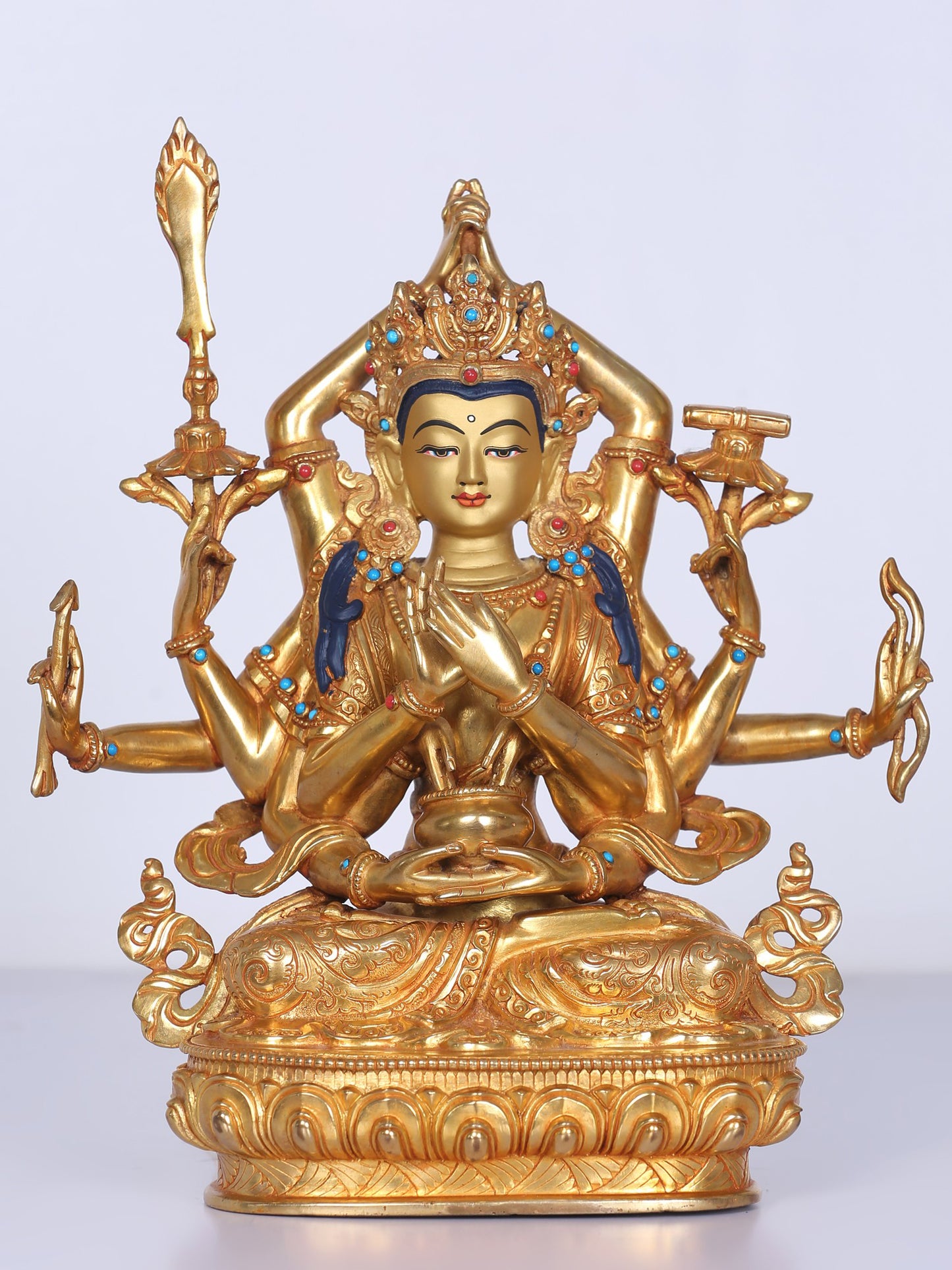 9" Manjushri Copper Statue From Nepal | Handmade Idol | Stone Work| Copper And Gold Gilded