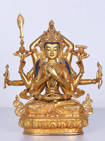 9" Manjushri Copper Statue From Nepal | Handmade Idol | Stone Work| Copper And Gold Gilded