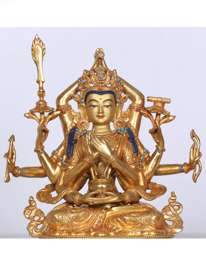 9" Manjushri Copper Statue From Nepal | Handmade Idol | Stone Work| Copper And Gold Gilded