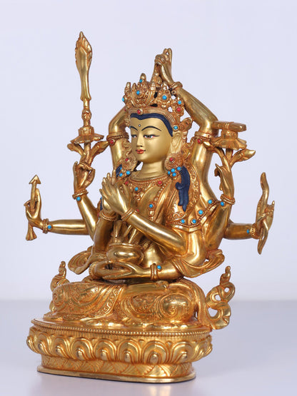 9" Manjushri Copper Statue From Nepal | Handmade Idol | Stone Work| Copper And Gold Gilded